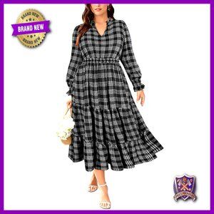 Plus Size Maxi Dress Long Sleeve V Neck A Line Pocket Fall Casual